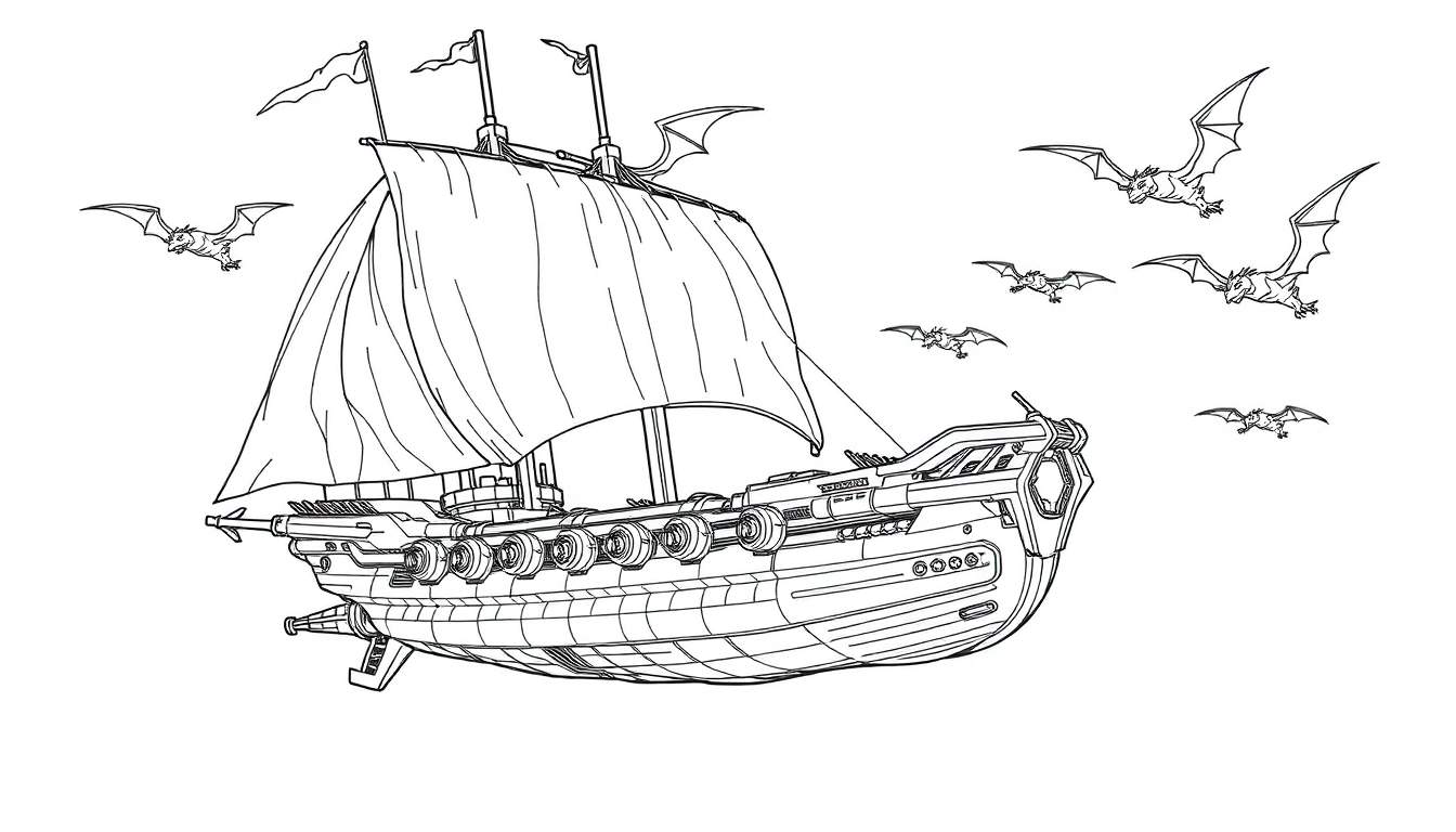 Zwart-wit kleurplaat van een vliegend piratenschip met draken