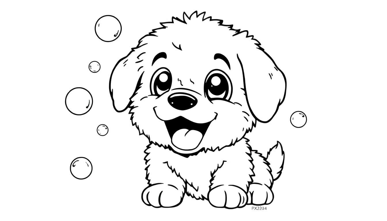 Een lieve hondenkostuum kleurplaat met zeepbellen.