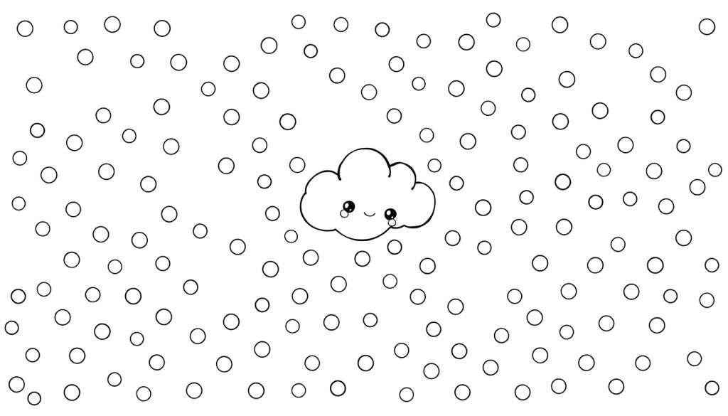 Kleurplaat van een huilende wolk met regen op een wit canvas met witte stippen.