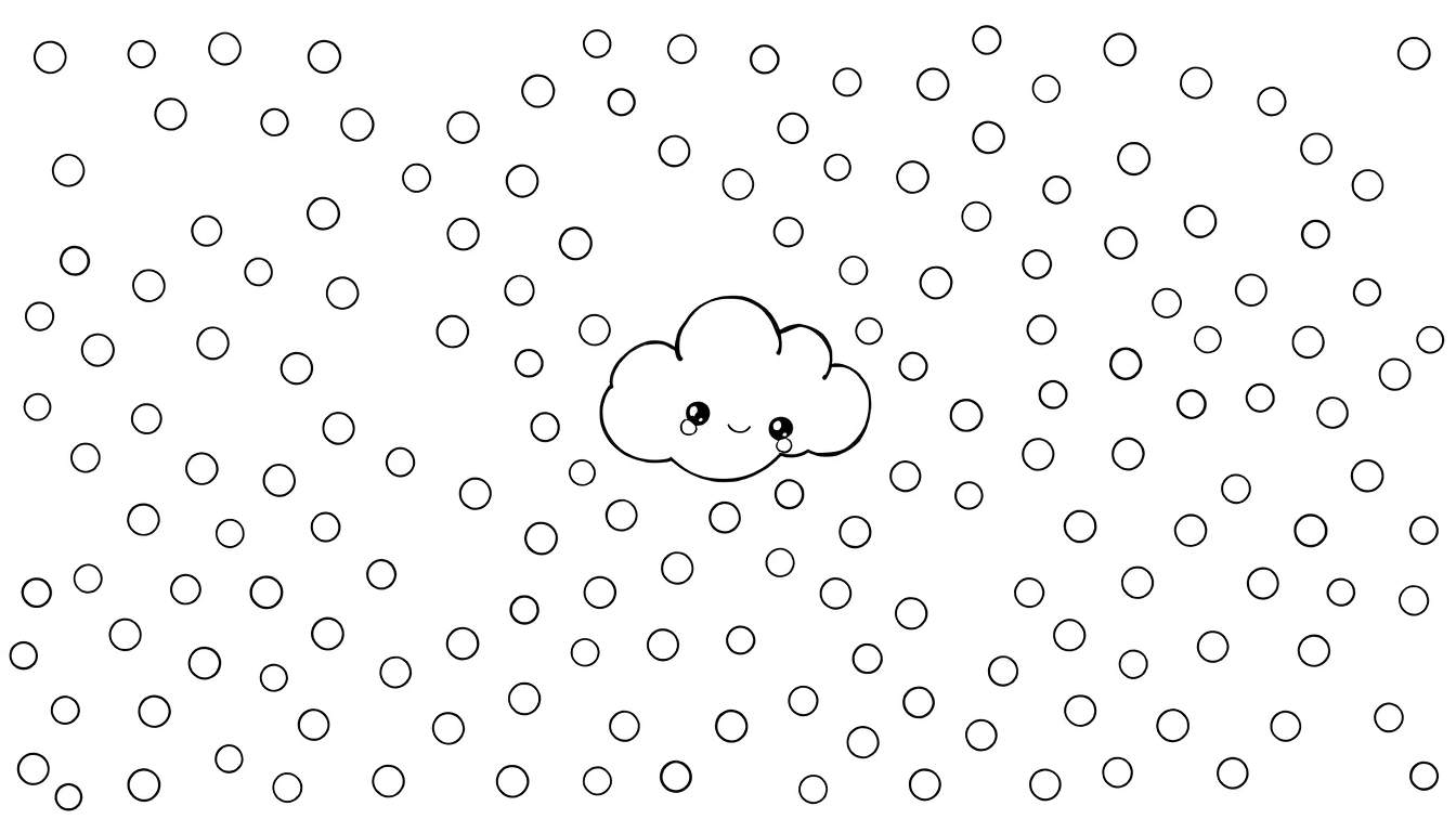 Kleurplaat van een huilende wolk met regen op een wit canvas met witte stippen.