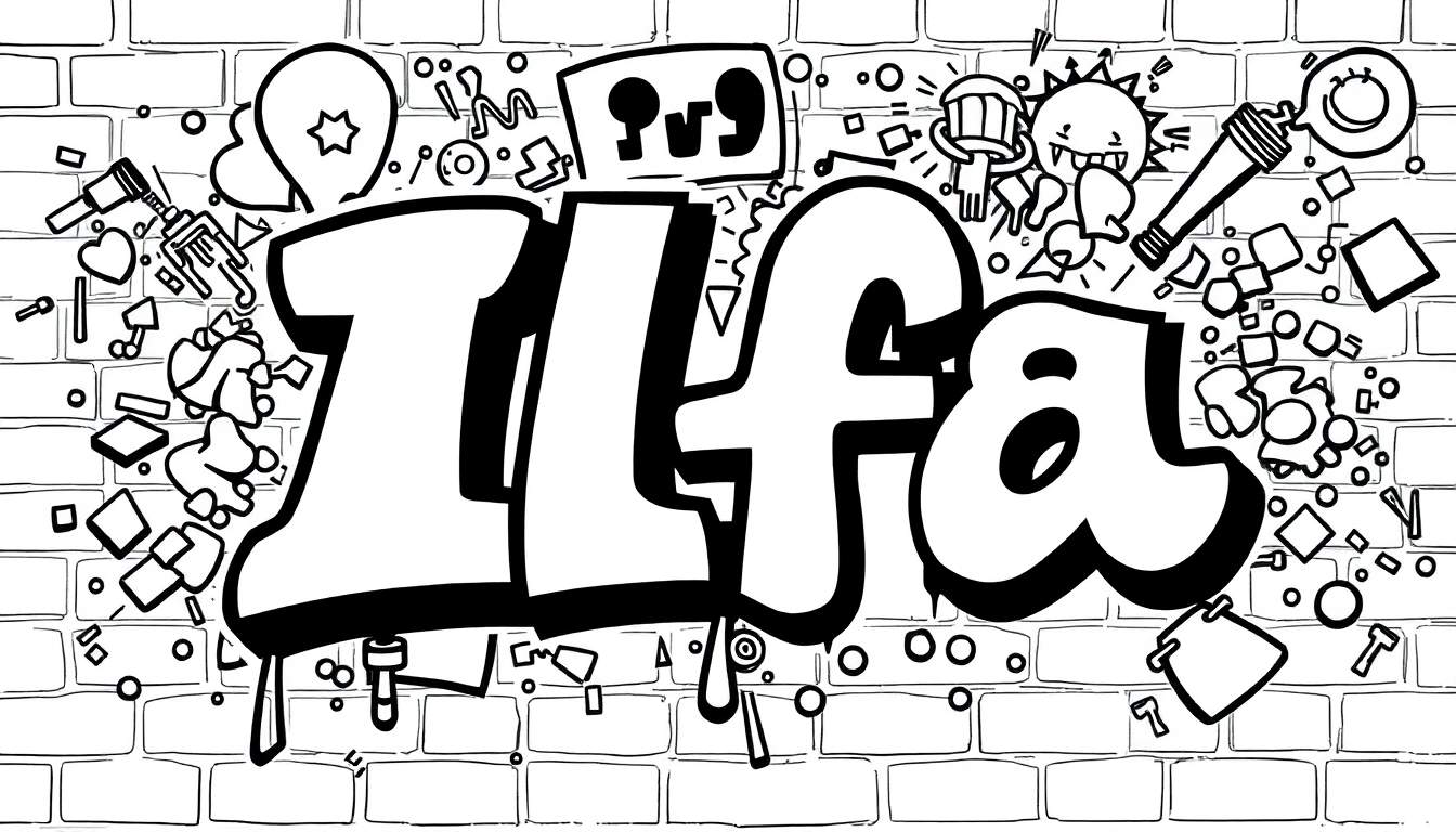 Kleurplaat van de naam Ilfa in graffiti-stijl met vrolijke vormen.