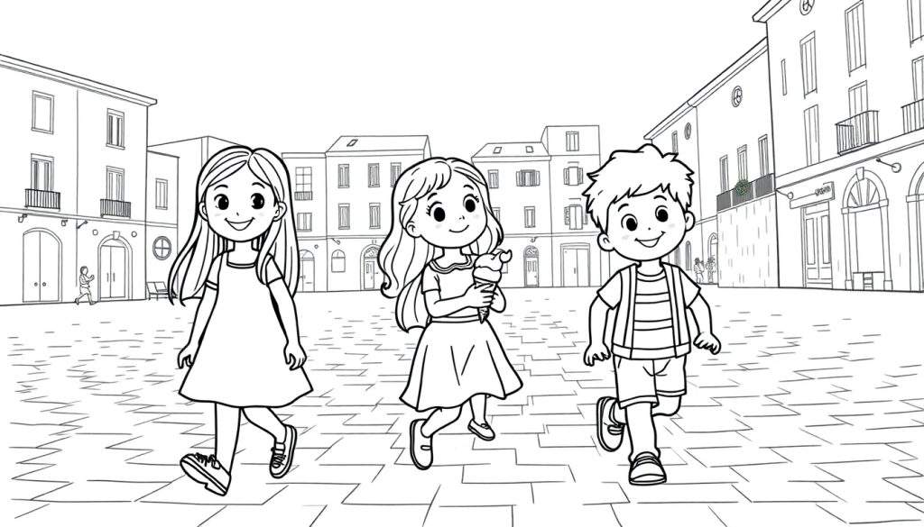 Kleurplaat: drie kinderen, een ouder meisje, een jonger meisje met ijsje en een jongen, op een Italiaans stadsplein met gebouwen op de achtergrond.