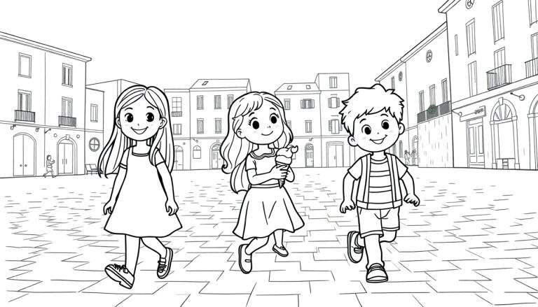 Kleurplaat: drie kinderen, een ouder meisje, een jonger meisje met ijsje en een jongen, op een Italiaans stadsplein met gebouwen op de achtergrond.