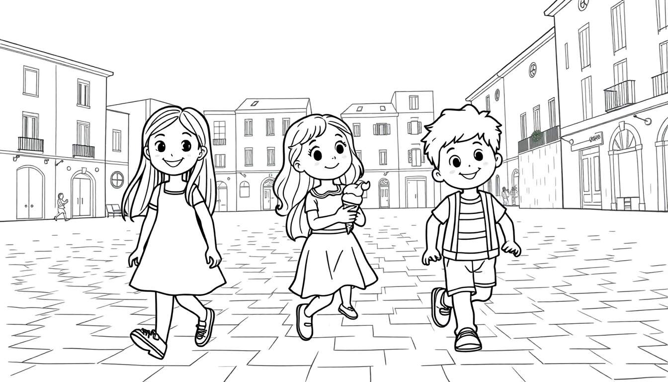 Kleurplaat: drie kinderen, een ouder meisje, een jonger meisje met ijsje en een jongen, op een Italiaans stadsplein met gebouwen op de achtergrond.