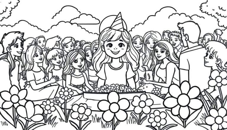 Kleurplaat van een vrolijk verjaardagsfeestje met een jarig meisje, taart, bloemen en vrolijke gasten.