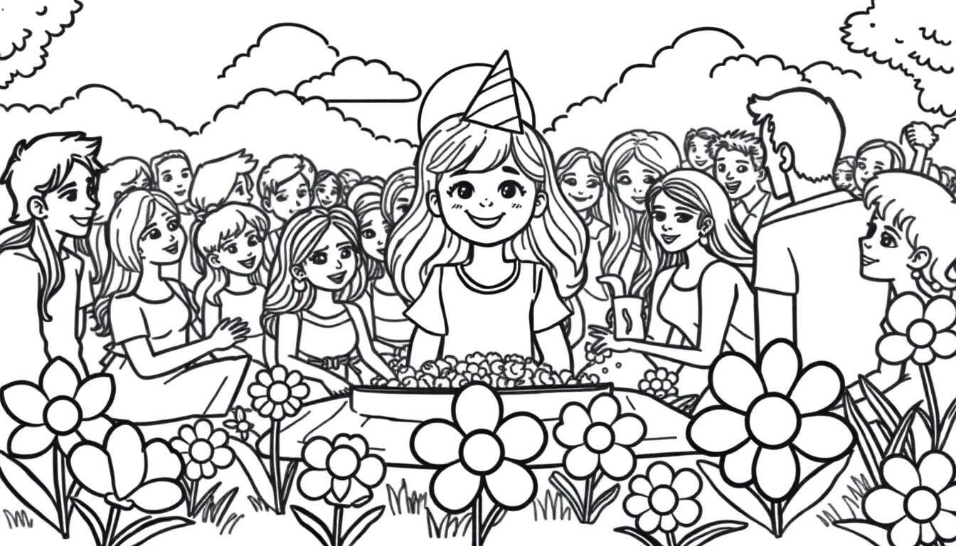 Kleurplaat van een vrolijk verjaardagsfeestje met een jarig meisje, taart, bloemen en vrolijke gasten.