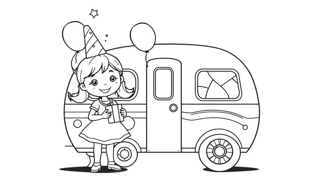 Zwart-wit tekening van een jarig meisje met een feestmuts en een cadeau bij een caravan, met ballonnen erboven. Een leuke kleurplaat!