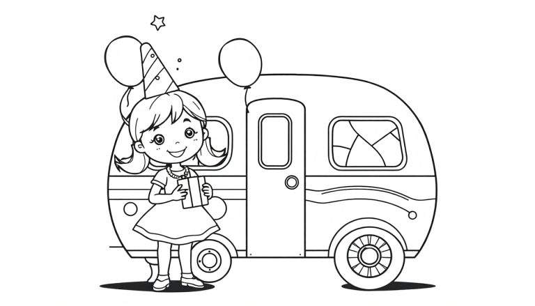 Zwart-wit tekening van een jarig meisje met een feestmuts en een cadeau bij een caravan, met ballonnen erboven. Een leuke kleurplaat!