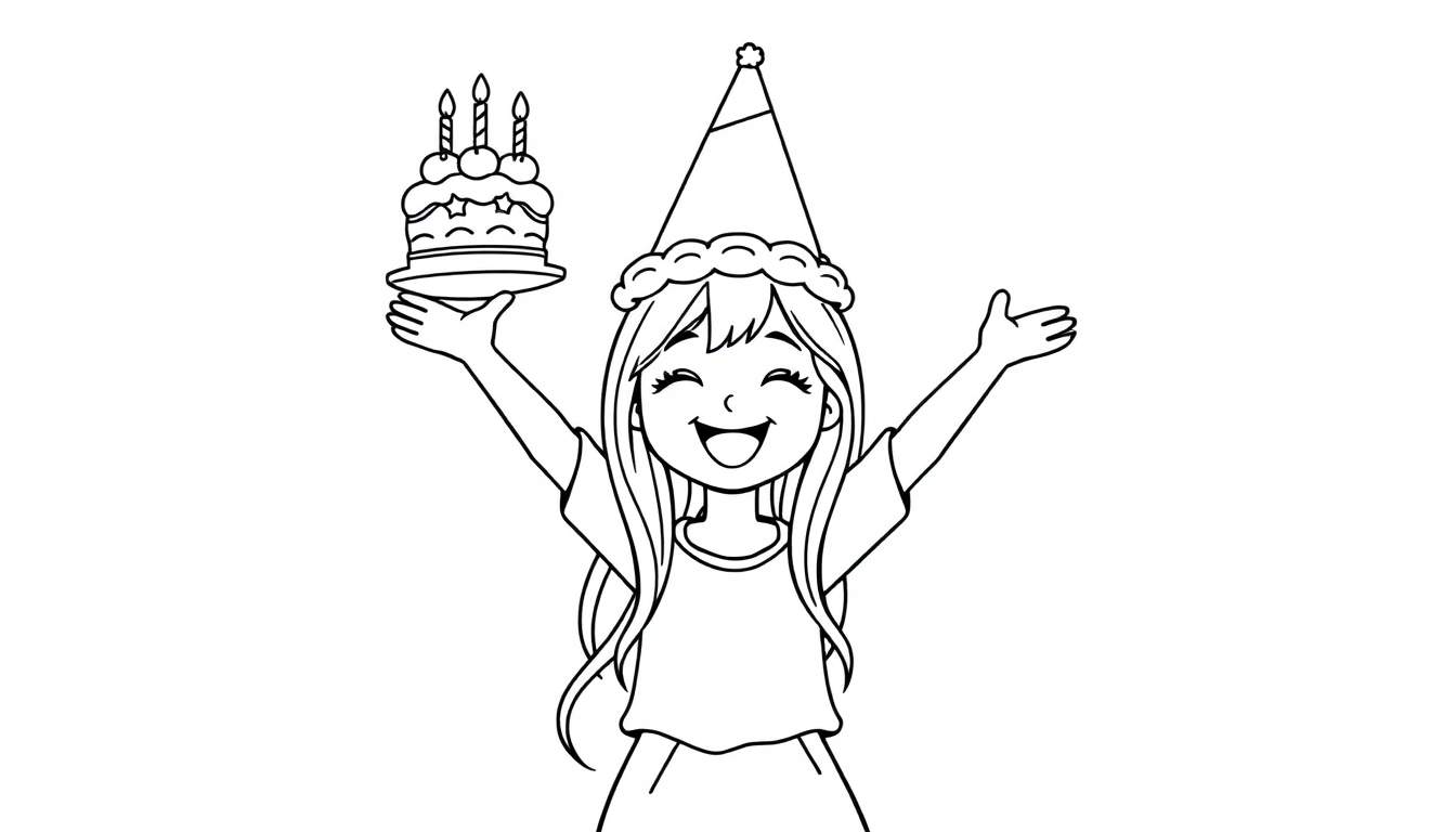 Kleurplaat van een blij meisje van 10 met een feestmuts en een taart.