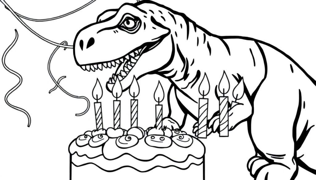 Een zwart-wit kleurplaat van een T-rex die boven een verjaardagstaart staat met zes kaarsen en slingers.