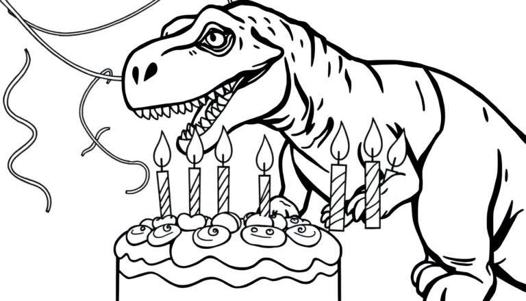 Een zwart-wit kleurplaat van een T-rex die boven een verjaardagstaart staat met zes kaarsen en slingers.