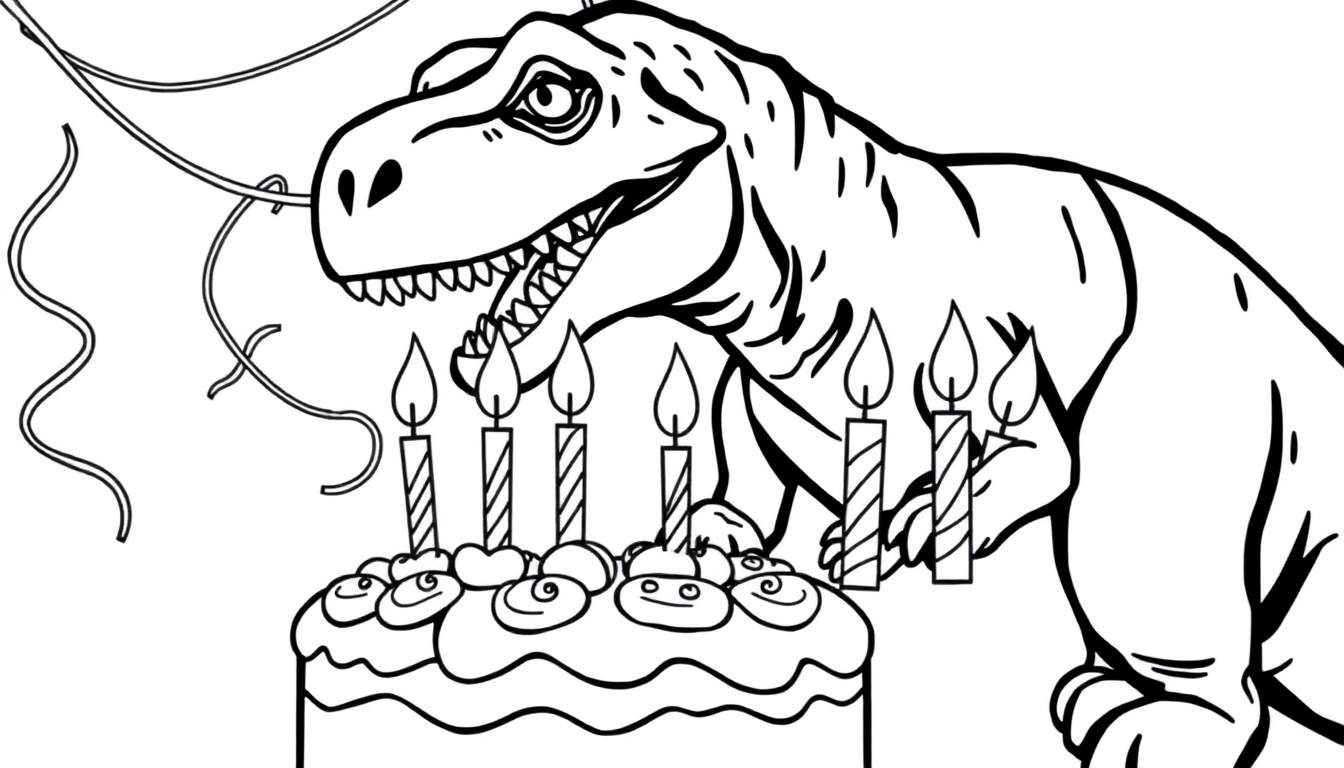 Een zwart-wit kleurplaat van een T-rex die boven een verjaardagstaart staat met zes kaarsen en slingers.