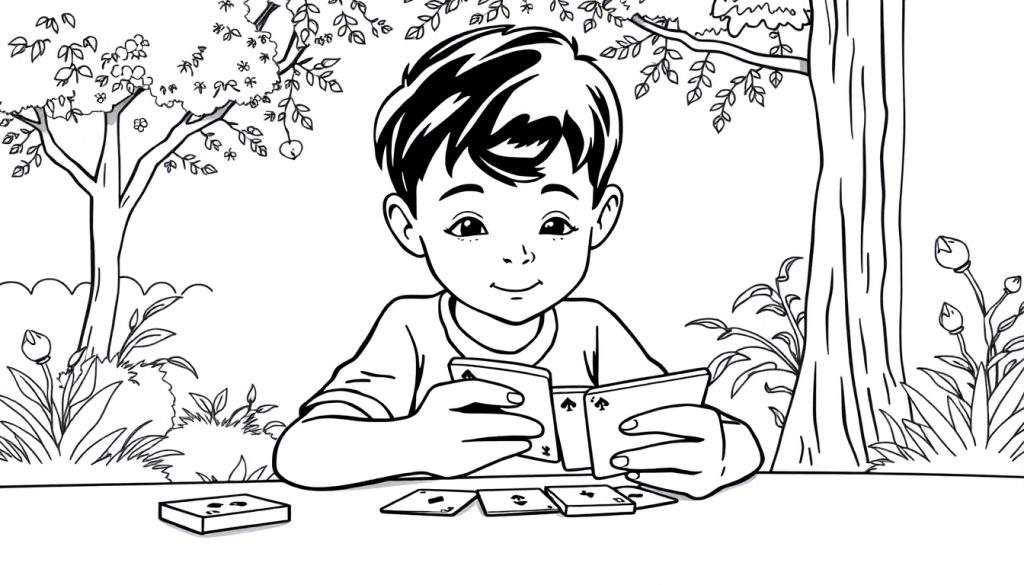 Zwart-witte kleurplaat van een jongen die buiten kaarten speelt bij een tafel.