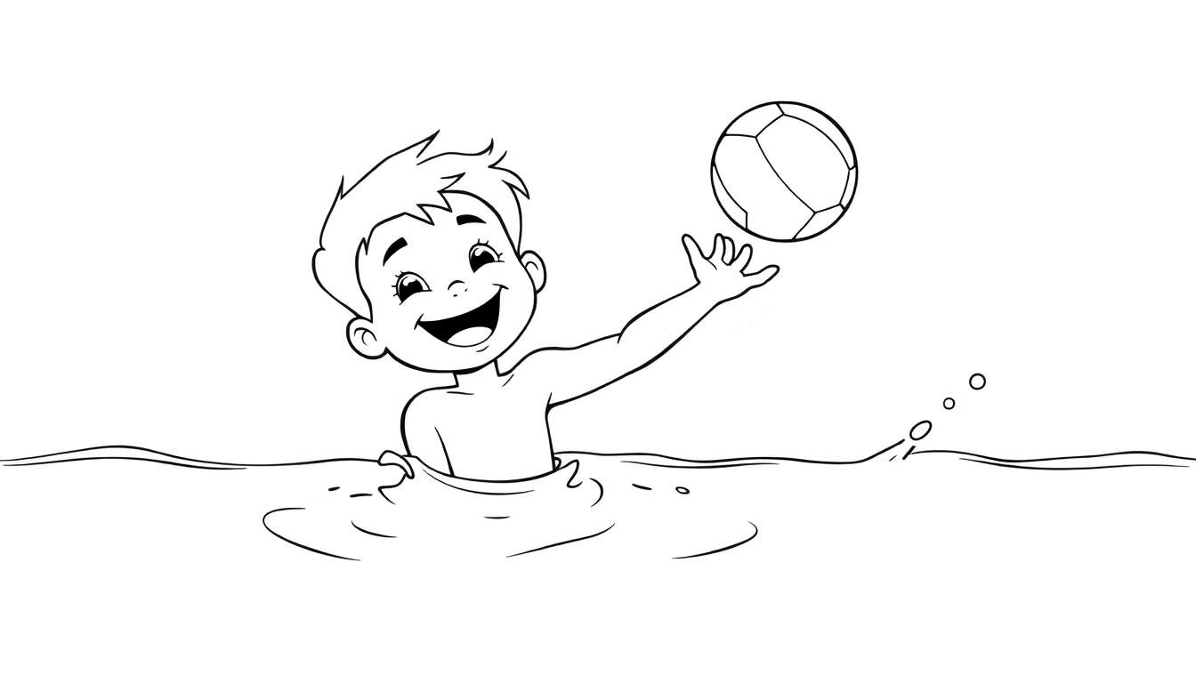 Kleurplaat van een blije jongen die in het water een bal probeert te vangen.