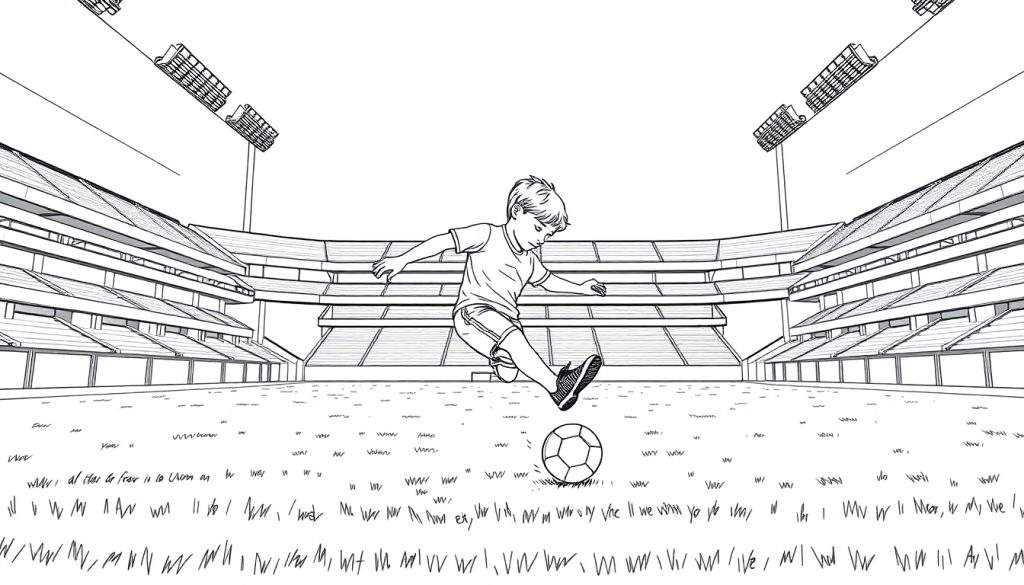 Kleurplaat van een jongen die voetbalt in een groot, leeg stadion met lichtmasten.