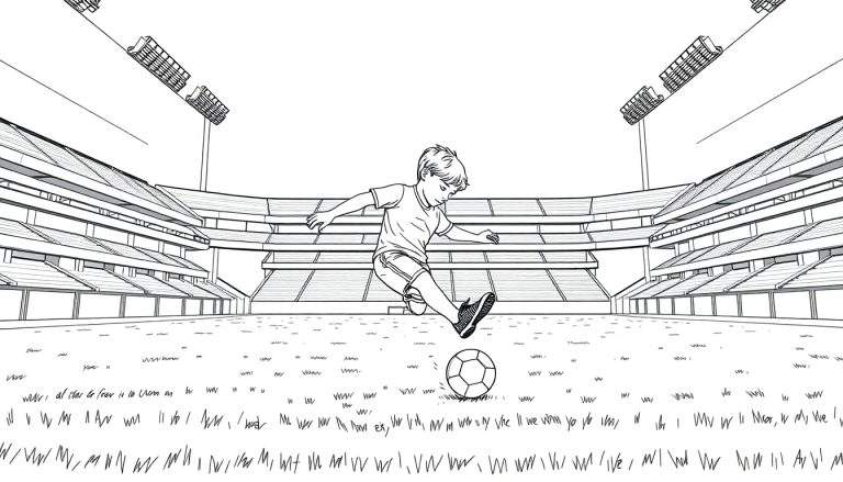 Kleurplaat van een jongen die voetbalt in een groot, leeg stadion met lichtmasten.