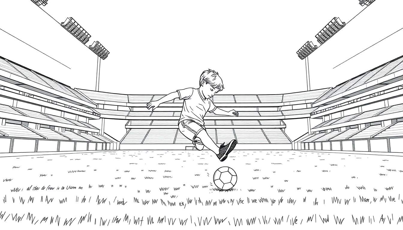 Kleurplaat van een jongen die voetbalt in een groot, leeg stadion met lichtmasten.