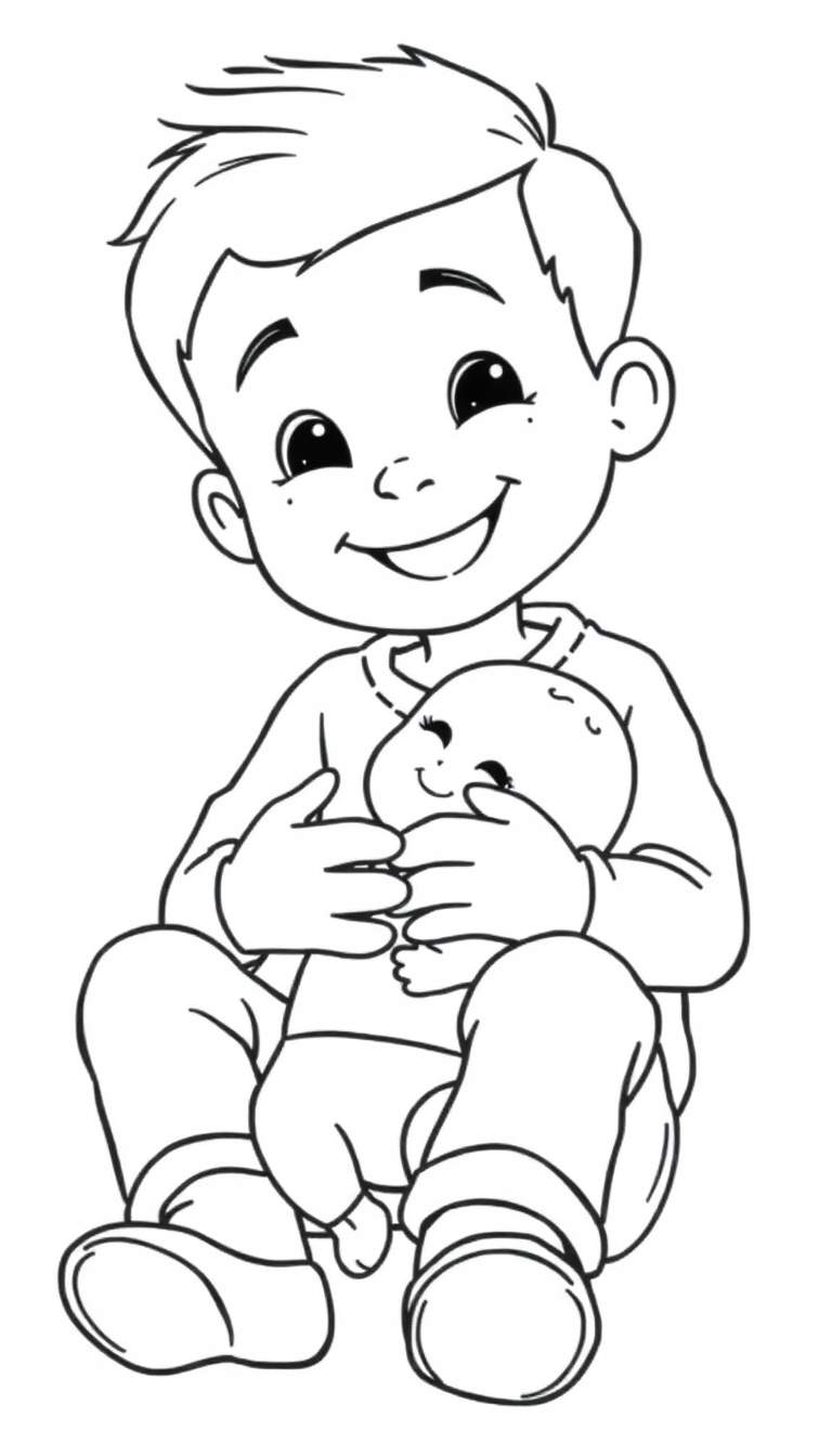 Zwart-wit tekening van een jongetje dat een baby vasthoudt, beide met een glimlach. Een kleurplaat voor de baby.