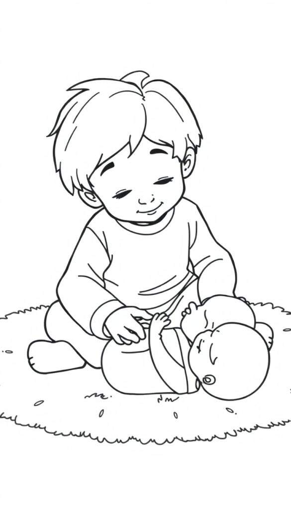 Kleurplaat van een grote broer die naar zijn baby kijkt