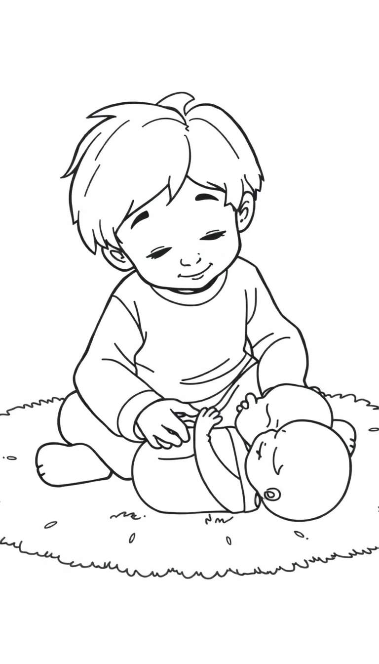 Kleurplaat van een grote broer die naar zijn baby kijkt