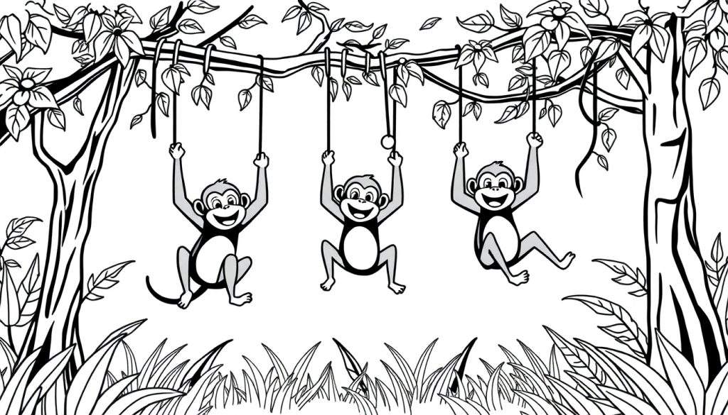 Zwart-wit kleurplaat van drie vrolijke apen die aan lianen slingeren in de jungle.