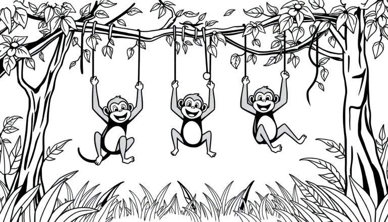 Zwart-wit kleurplaat van drie vrolijke apen die aan lianen slingeren in de jungle.