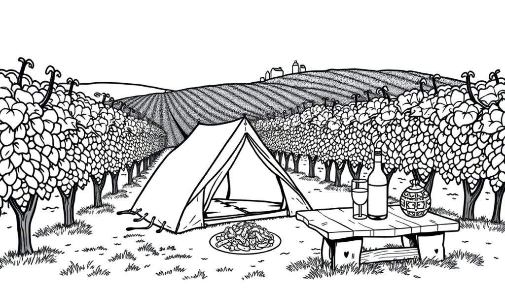 Een tent en tafel in een wijngaard, als een kleurplaat.