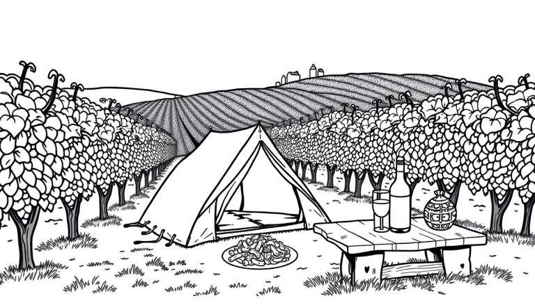 Een tent en tafel in een wijngaard, als een kleurplaat.