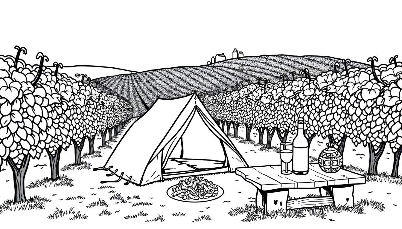 Een tent en tafel in een wijngaard, als een kleurplaat.