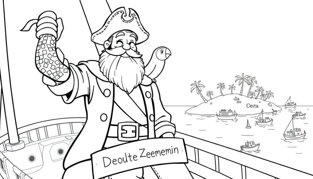 Zwart-wit kleurplaat van een piratenkapitein op zijn schip met een papegaai en een eiland op de achtergrond.