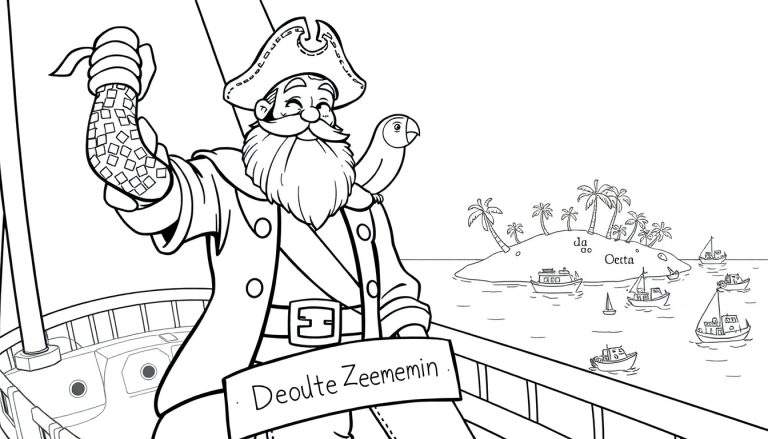 Zwart-wit kleurplaat van een piratenkapitein op zijn schip met een papegaai en een eiland op de achtergrond.