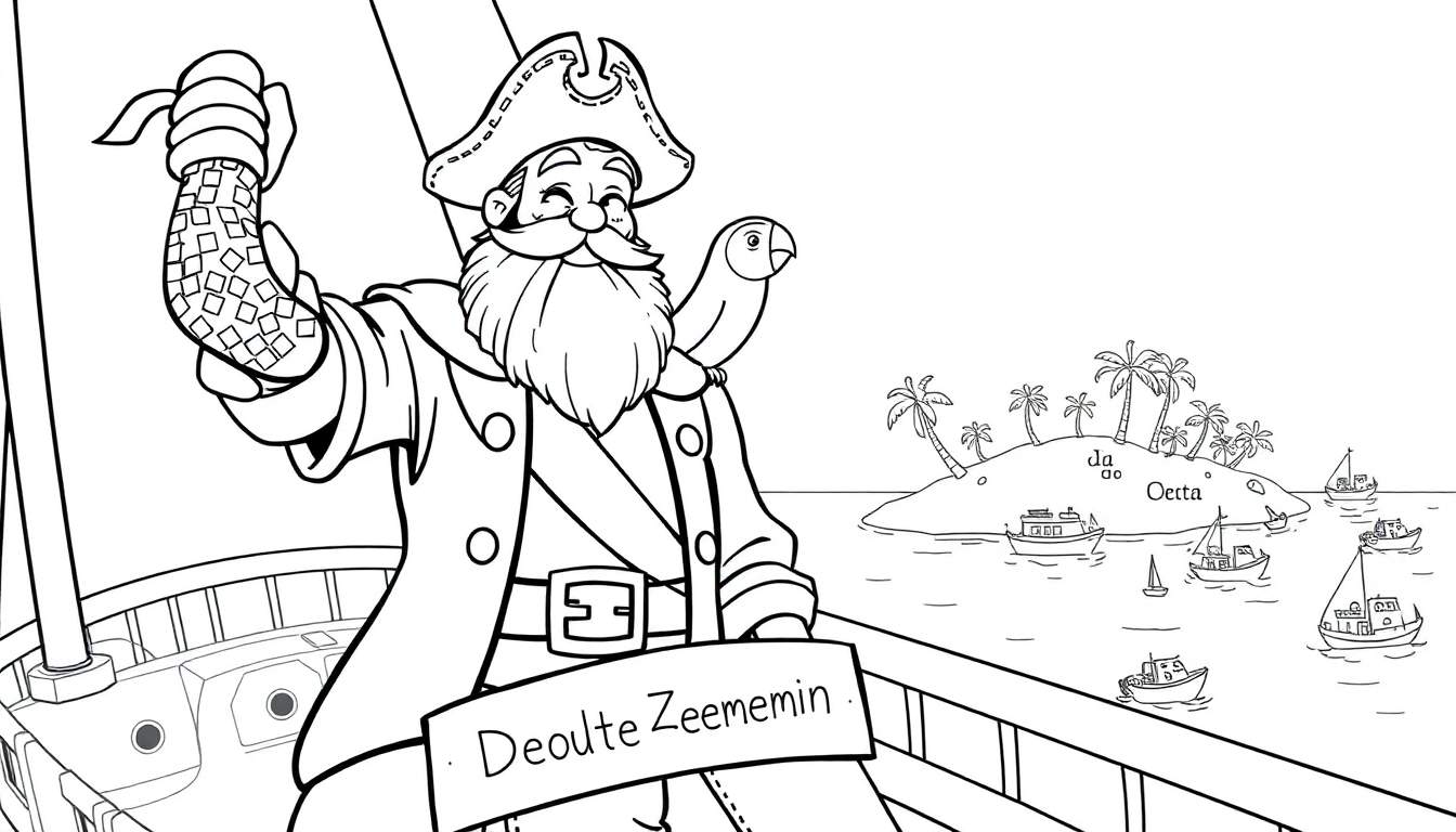 Zwart-wit kleurplaat van een piratenkapitein op zijn schip met een papegaai en een eiland op de achtergrond.