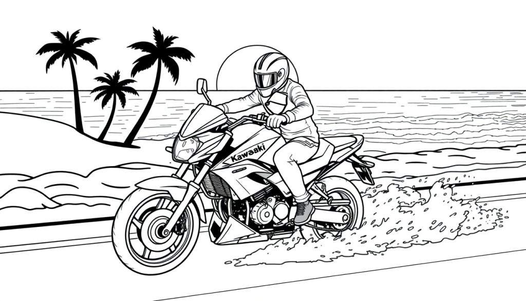 Kleurplaat van een Kawasaki motorrijder op het strand bij zonsondergang.