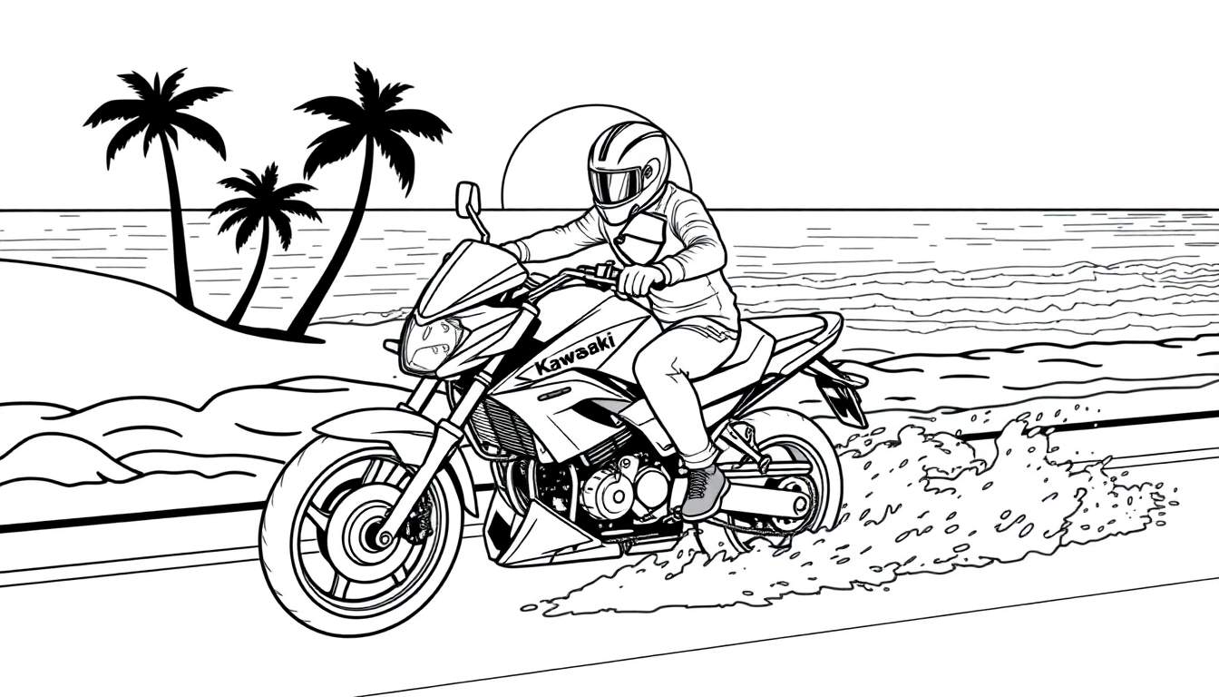 Kleurplaat van een Kawasaki motorrijder op het strand bij zonsondergang.