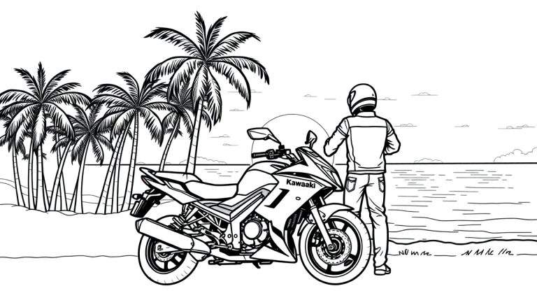 Kleurplaat van een Kawasaki motor op het strand met een motorrijder, palmbomen en de zee.