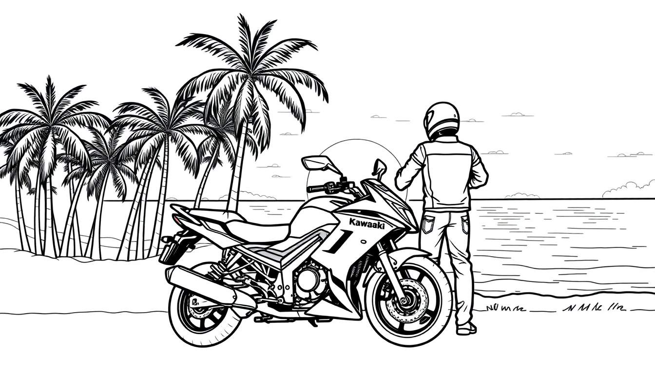 Kleurplaat van een Kawasaki motor op het strand met een motorrijder, palmbomen en de zee.