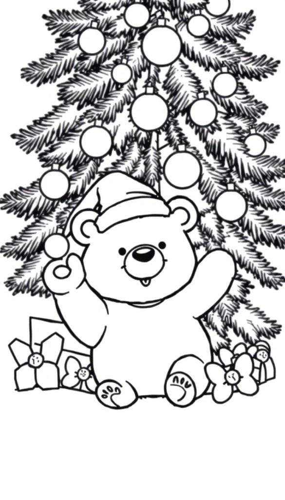 Kleurplaat van een kerstteddybeer met kerstmuts schuin op zijn hoofd, zittend bij een kerstboom met cadeautjes.