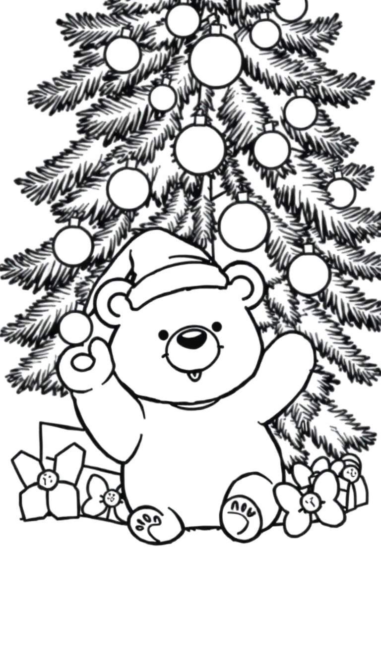 Kleurplaat van een kerstteddybeer met kerstmuts schuin op zijn hoofd, zittend bij een kerstboom met cadeautjes.