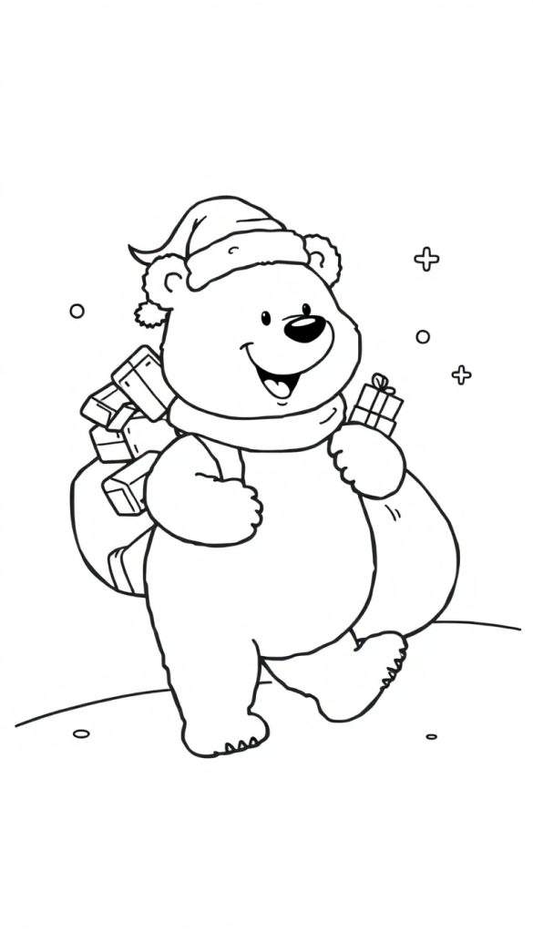 Schattige kerstbeer met kerstmuts, zak met cadeaus en een cadeau in zijn poot, als kleurplaat.
