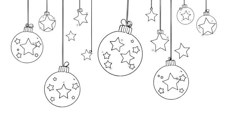 Kleurplaat van hangende kerstversieringen: bollen met sterren en losse sterren.