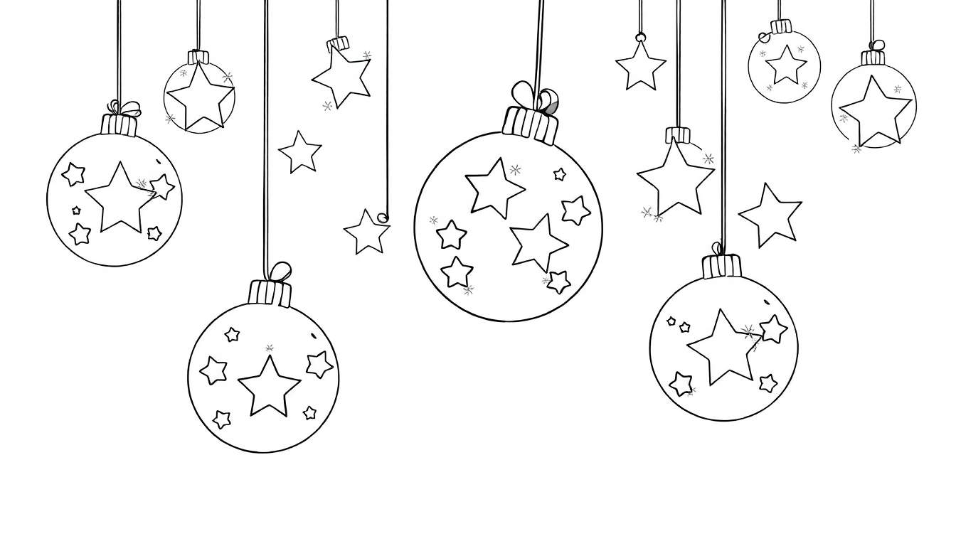 Kleurplaat van hangende kerstversieringen: bollen met sterren en losse sterren.