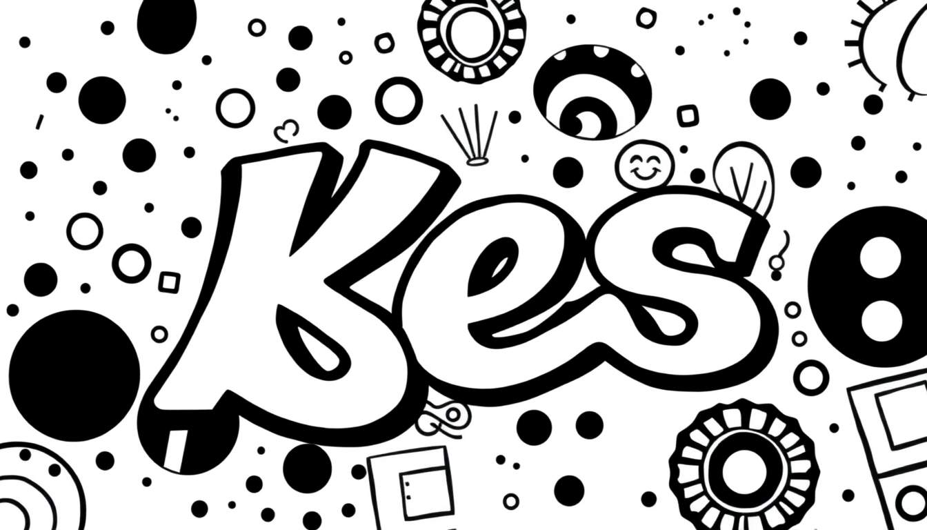 Zwart-witte doodle met de naam 'Kes' in graffiti-stijl omringd door vrolijke patronen, een kleurplaat voor kinderen.