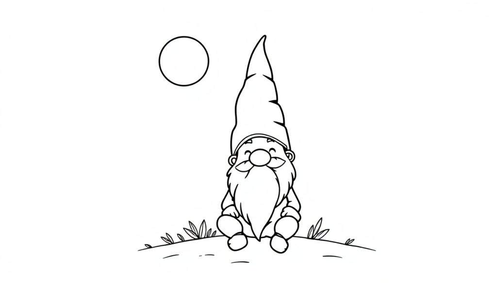 Zwart-wit kleurplaat van een tuinkabouter die op een heuvel zit.