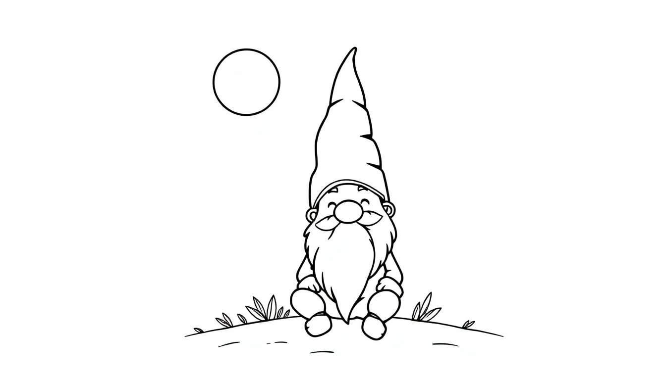 Zwart-wit kleurplaat van een tuinkabouter die op een heuvel zit.