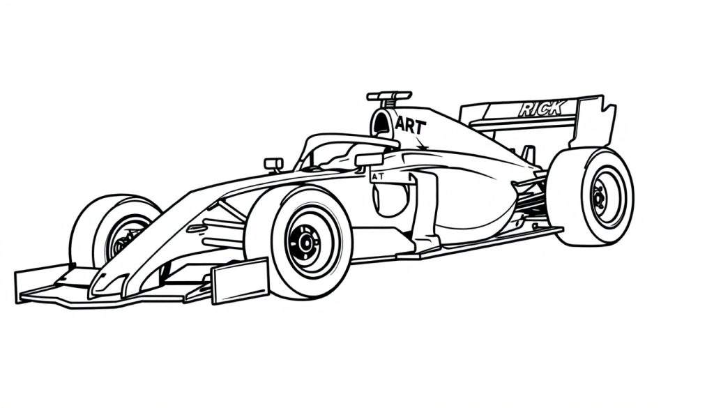Kleurplaat van een Formule 1 raceauto genaamd Rick.