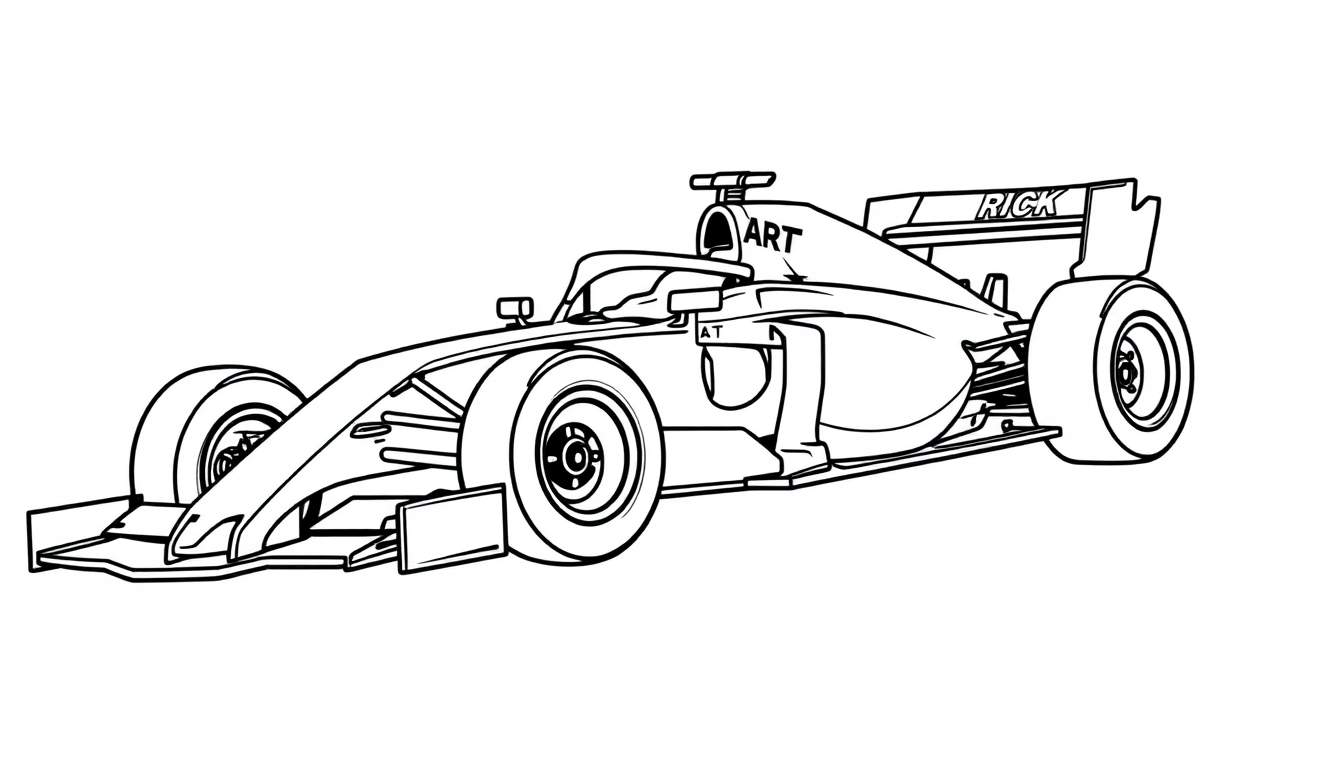 Kleurplaat van een Formule 1 raceauto genaamd Rick.