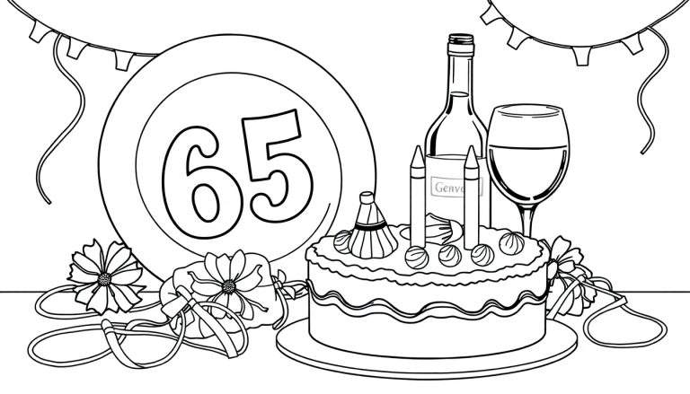 Kleurplaat van een verjaardagsfeestje met het getal 65, een taart, wijn en slingers.