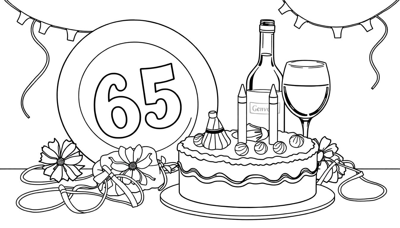 Kleurplaat van een verjaardagsfeestje met het getal 65, een taart, wijn en slingers.
