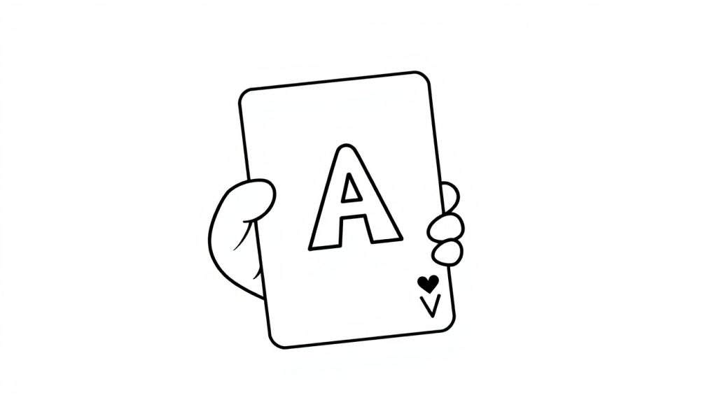 Kleurplaat van een speelkaart, de Aas van Harten, vastgehouden in een hand.