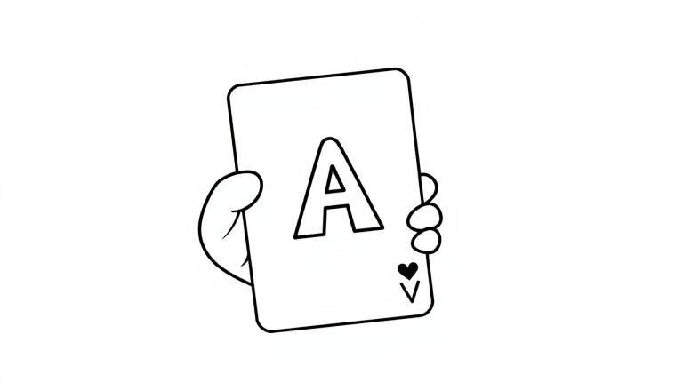 Kleurplaat van een speelkaart, de Aas van Harten, vastgehouden in een hand.